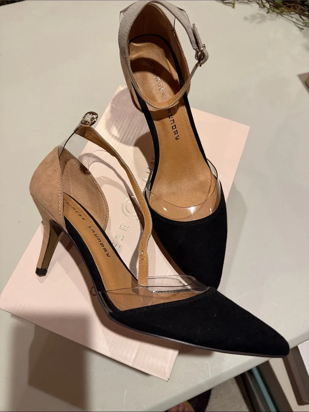 Chinese Laundry Black Pointed Clear-Strap Ankle Pumps